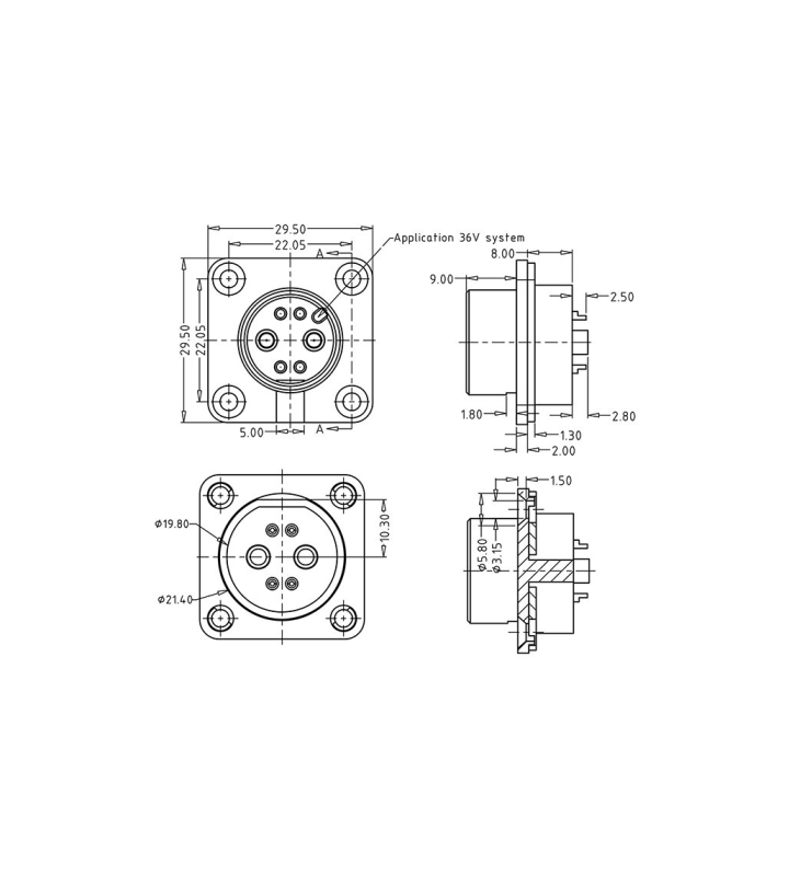 Battery male panel mount connector 36V code, no locking (push-on)