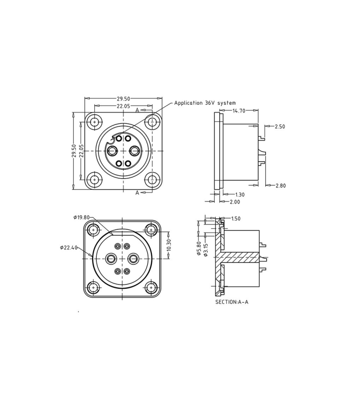 Battery female panel mount connector 36V code, no locking (push-on)