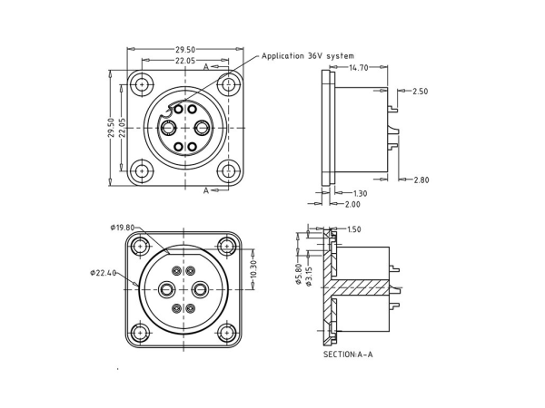 Battery female panel mount connector 36V code, no locking (push-on)